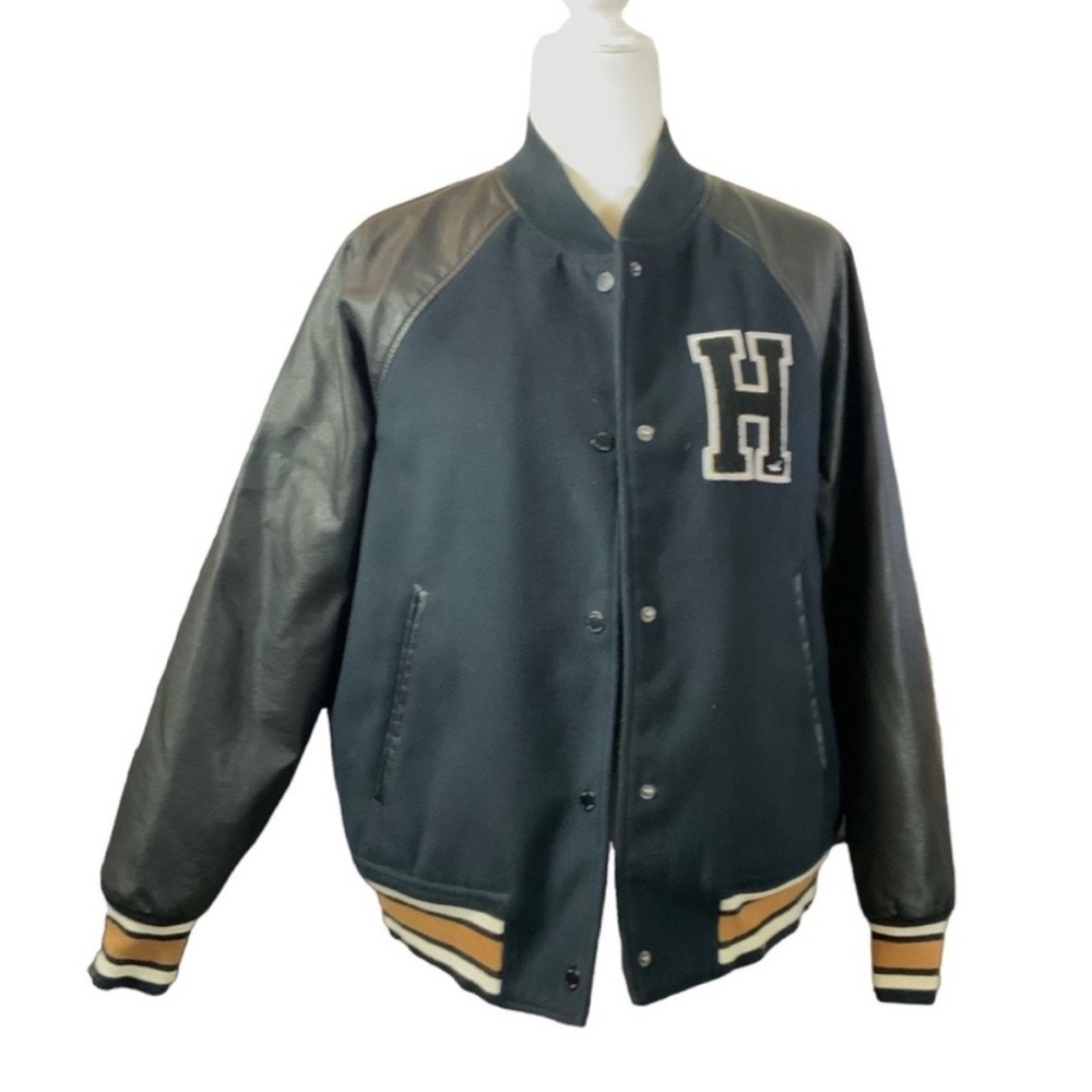 Hollister Navy Blue, Faux Leather arms, monogram, quilted varsity jacket Size S